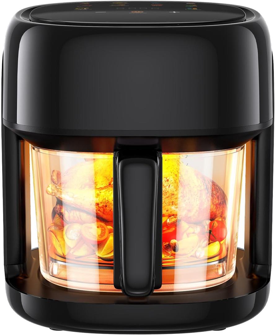 8-In-1 Glass Air Fryer, 5 QT Airfryer with Easy-View Glass Basket, Adjustable Temperature, Touch Panel Control, Circulating Heating, Compact and Large, Nonstick & Dishwasher Safe Fry Bowl (Black)