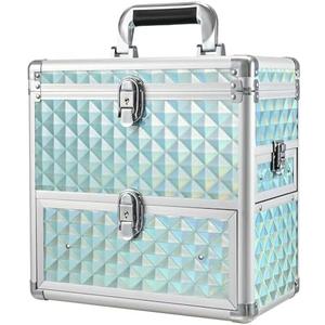 FRENESSA Extra Large Makeup Organizer with Drawer, Mirror, Dividers, Travel Nail Art Case - Watery Blue