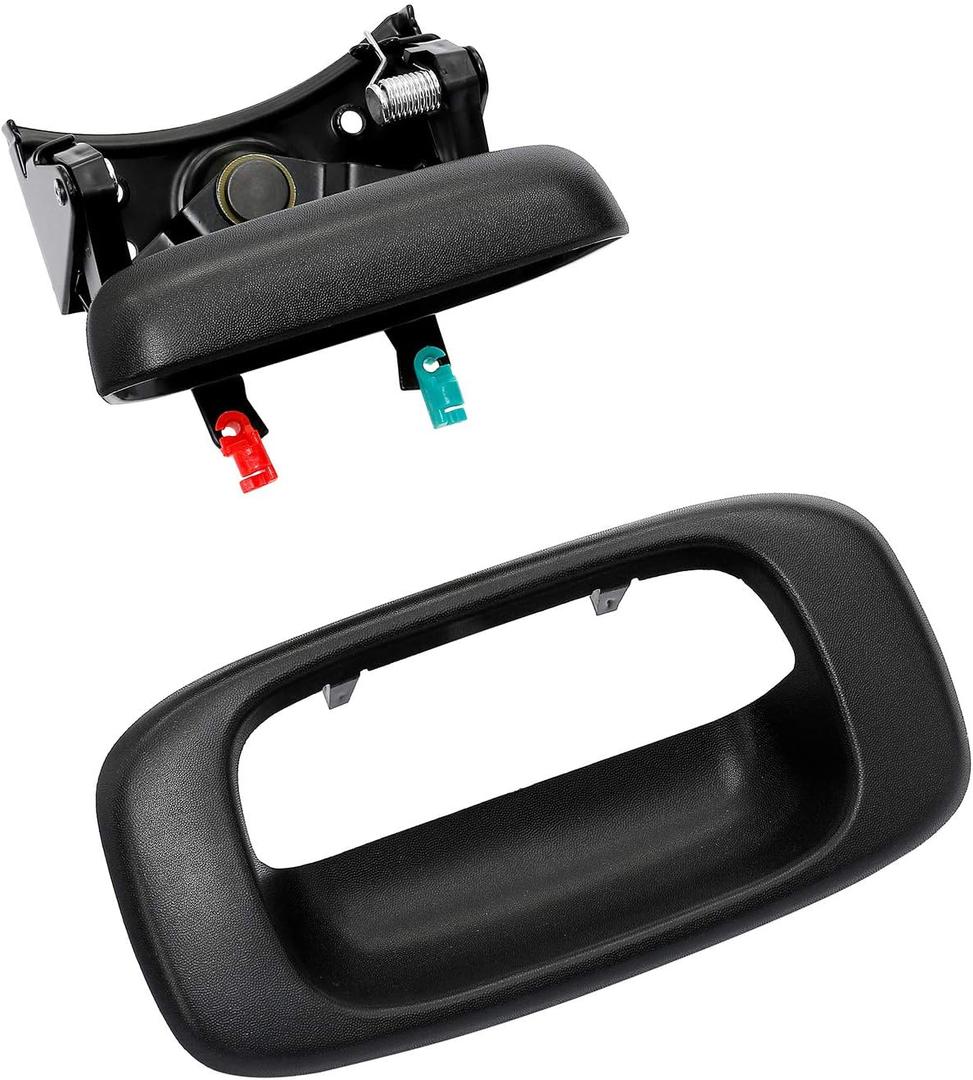 Gledewen Tailgate Handle Latch and Bezel Trim with Rod Clips | for 1999-2007 Chevy Silverado GMC Sierra 1500 2500 3500 | Replaces# 15997911, 15228539, 15228541, 15228540 (Black)