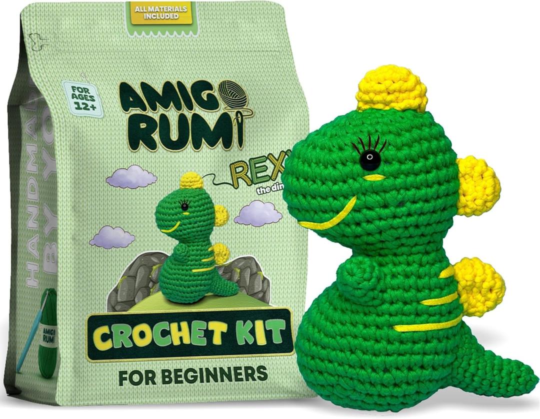 2 x Amigo Rumi Cute Dinosaur Beginners Crochet Kit - Learn How to Crochet Starter Kit - 3+ Hour Video Tutorials & Crocheting Book - Easy to Stitch Yarn - Amigurumi Stuffed Animal for Kids 12+ & Adults (T-Rex + BONUS Crochet Course (Green & Yellow))