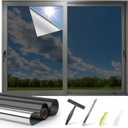 Kromapolis One Way Window Privacy Film Reflective Mirror Home Window Tint, Daytime Privacy Heat Control Anti UV Glass Tinting Static Cling (Black-Silver, 35.4 x 157.4 Inch)
