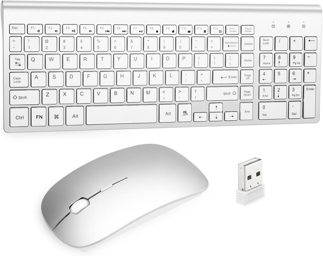 Wireless Keyboard and Mouse Silver White Full Size 2.4G USB portables Quiet Compact for Mac PC Laptop Tablet Windows Silver White