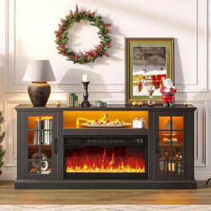 Rolanstar Fireplace TV Stand with Led and Power Outlets, Black Entertainment Center with 26" Electric Fireplace for 45/50/55/60/65 inch TVs, Modern TV Console with Storage Cabinet for Living Room