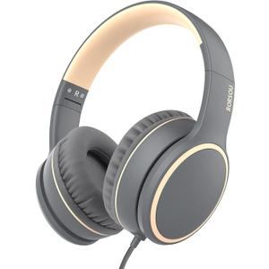 RORSOU R10 Over-Ear Headphones with Microphone, Lightweight Folding Stereo Bass Headset with 1.5M No-Tangle Cord, Portable Wired Headphones for Smartphone Tablet Computer MP3 / 4 (Grey)