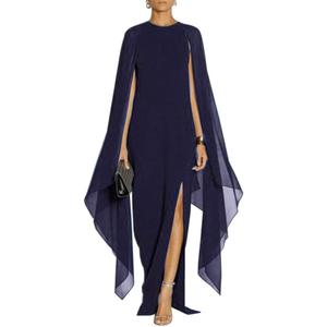 MAYFASEY Women's Elegant High Split Flare Sleeve Formal Evening Gowns Maxi Dress with Cape (Navy), XL