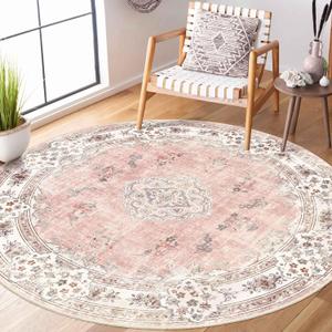MUJOO Pink Round Rug 5ft,Circle Washable Area Rugs for Bedroom Living Room Bathroom,Boho Large Non Slip Circular Carpet,Blush Floral