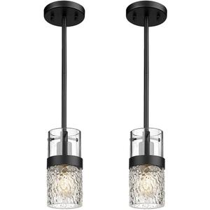 LMS 2-Pack Modern Matte Black Pendant Light, Adjustable Hanging Pendant Lighting with Hammered Glass, Tiltable Pendant Lighting for Kitchen Island, Bathroom, Bedroom, LMS-201