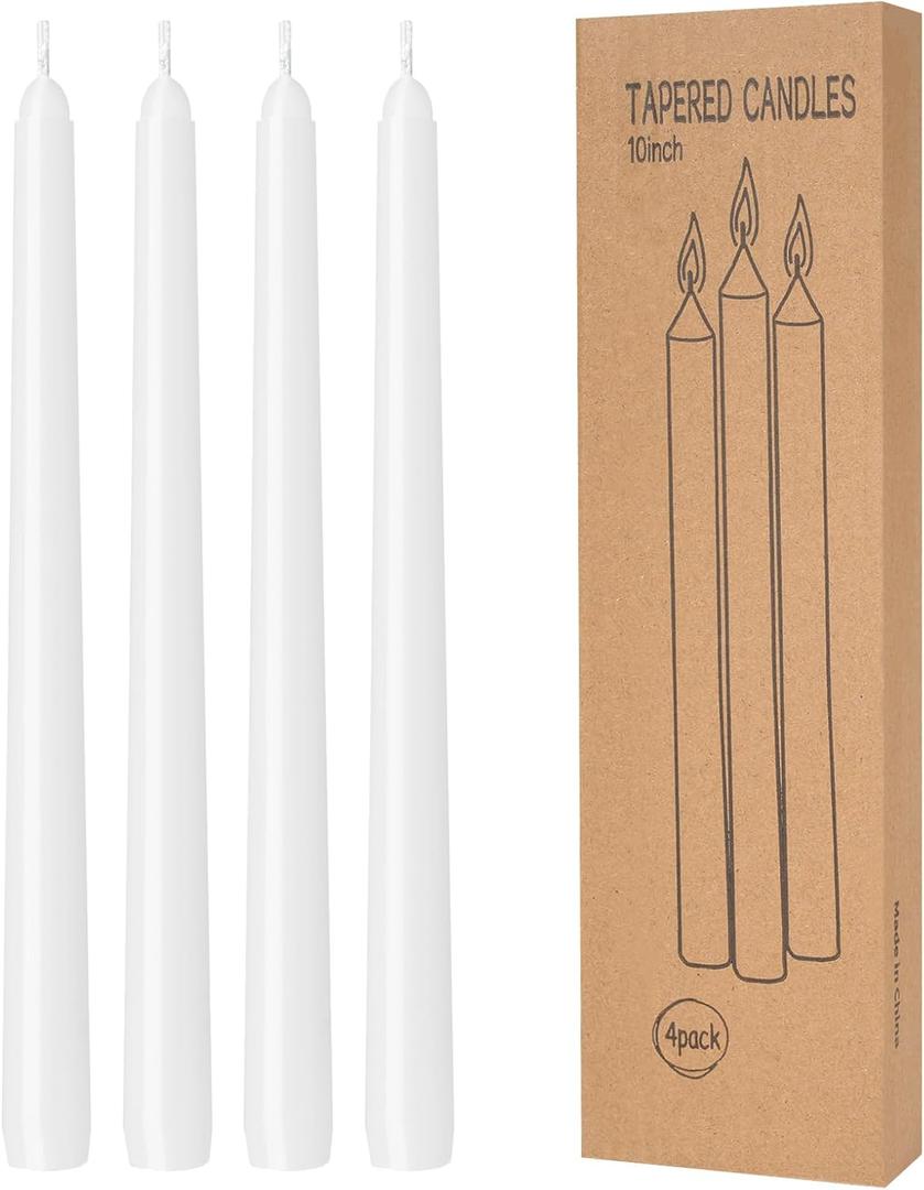 4 Pack White Taper Candles - Taper Candles 10 Inch Dripless, Smokeless & Unscented - 8 Hours Long Burning - Hand Poured Tall Candlesticks - Ideal for Weddings, Dinner Parties, and Home Decor