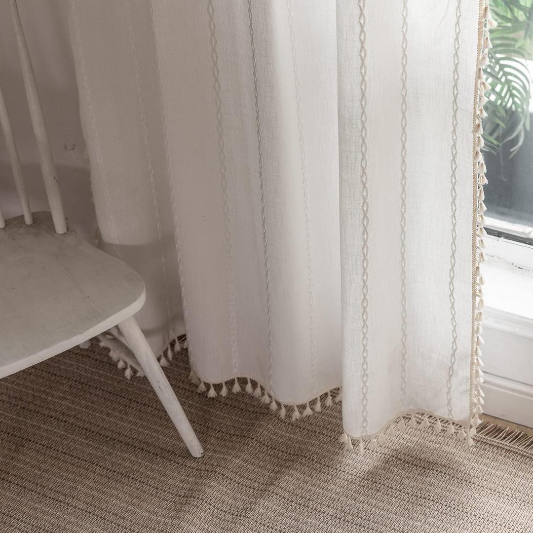 Colorigan Boho Semi Blackout 63 84 96 Inches Length 2 Panels Set Farmhouse Window Curtains with Tassels, Striped Embroidered Rustic Cotton Linen Long Bohemian Curtain Drapes for Living Room, Bedroom (White Ivory)
