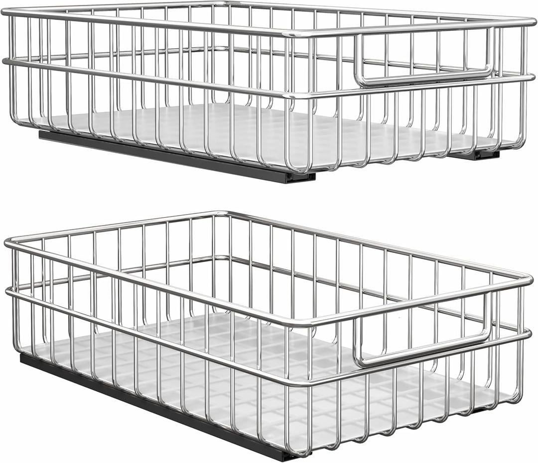 Pull out Cabinet Organizer, Stainless Steel 2-Pack Slide out Drawer with Silent Full-Extension Slides, Adhesive Roll out Can Spice Storage Basket Shelf Rack for Pantry, Kitchen, Bathroom, Home Closet