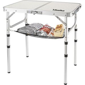 Adjustable Height Camping Table with Mesh Layer, 23.6" x 15.7" Portable Folding Camp Tables with Aluminum Legs for Outdoor Camp, Picnic, Beach, Backyard, Tailgate Cooking, 3 Heights