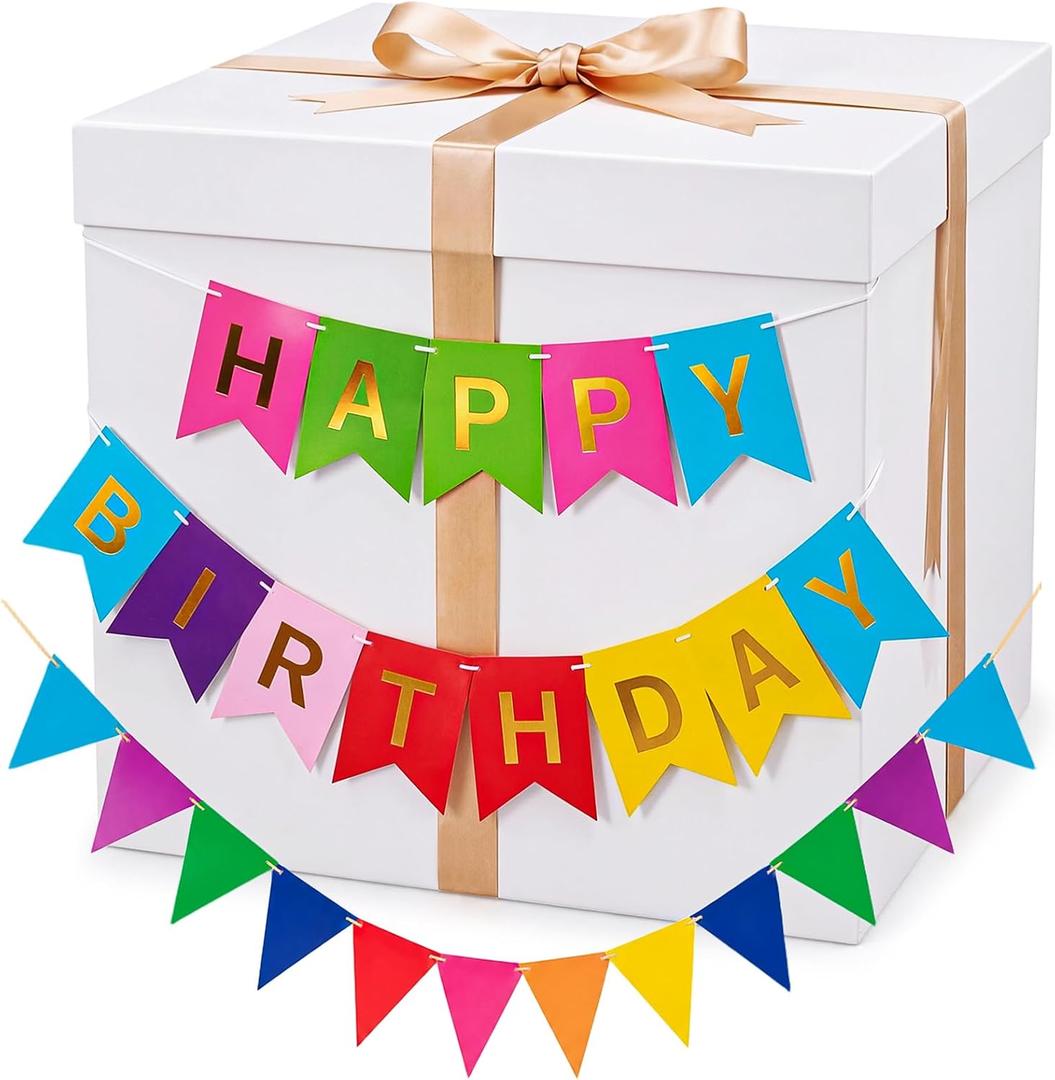 VercanMonth 28 Inches Giant Happy Birthday Gift Box with Lid Kit Extra Large White Gift Box with Happy Birthday Party Banner and Gold Ribbons for Special Celebrations Anniversaries Wedding Party
