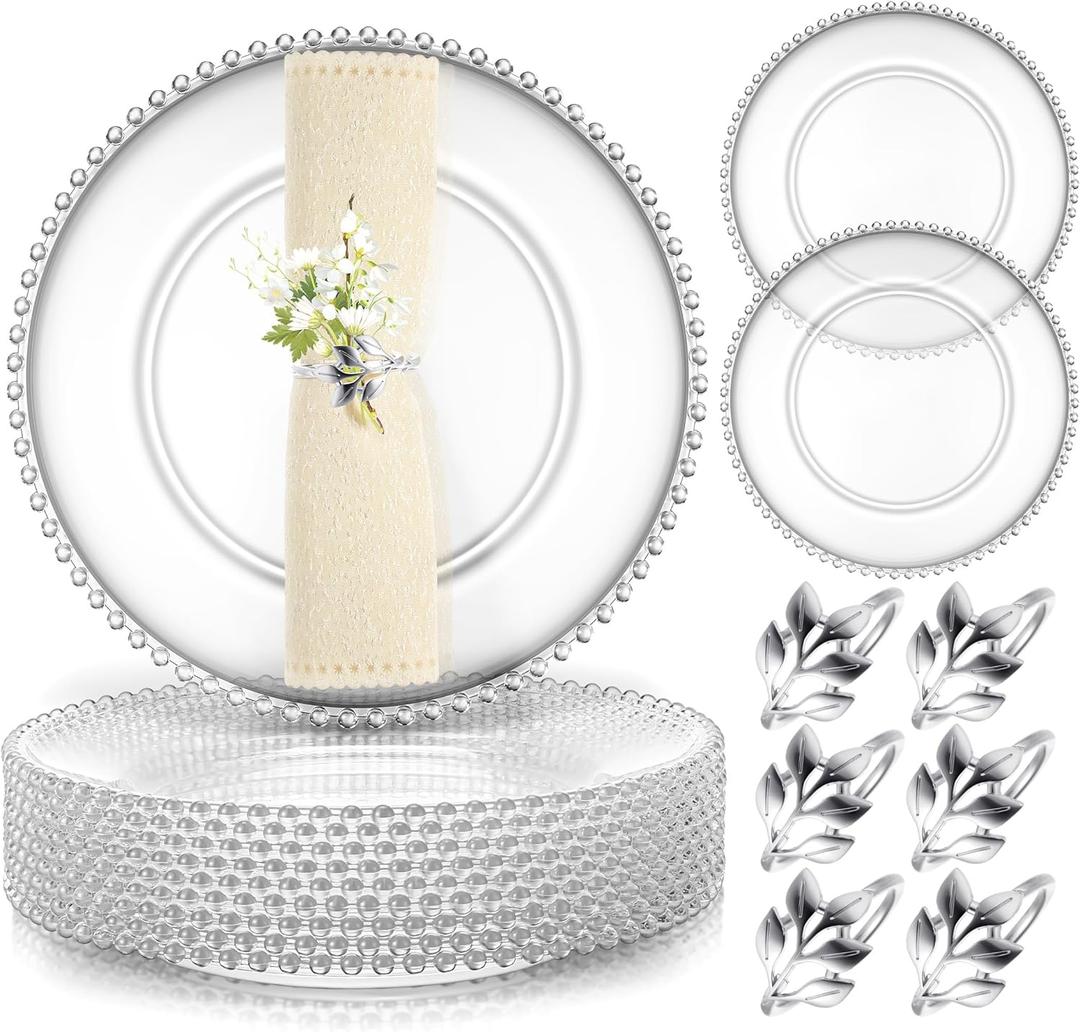 Bokon 12 Set Clear Charger Plates Bulk 13 Inch Beaded Plastic Charger Plates with Napkin Rings Acrylic Round Dinner Table Decorative for Party Wedding Thanksgiving(clear and Silver, 12)