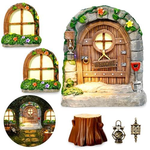 7 Pcs Fairy Doors for Trees Resin Fairy Garden Accessories Outdoor Kit Fairy House Kit for DIY Micro Landscape Ornament