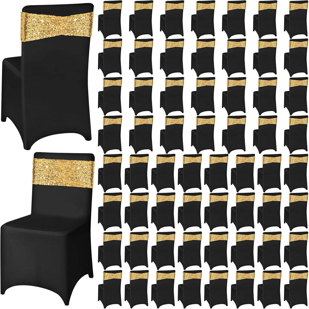 Chumia 120 Pcs Chair Covers and Sashes, Stretch Spandex Chair Covers with Shiny Sashes for Wedding Party Banquet Dining Decor(Black, Gold)