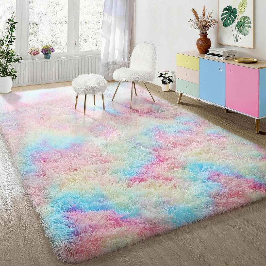 Ophanie Rainbow Rug for Bedroom Girls, Unicorn Colorful Fluffy Soft Cute Fuzzy Area Rugs, Shag Plush Shaggy Bedside Floor 4x6 Furry Carpet for Kids Baby Teen Dorm Nursery Home Decor Aesthetic