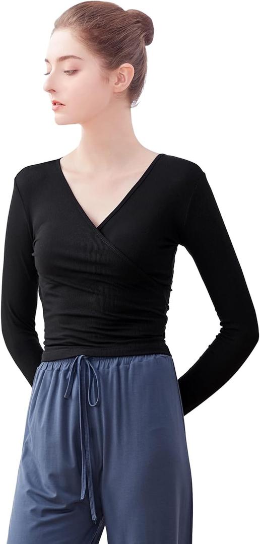 Women's Yoga Dance Crop Long Sleeve Blouse Adult V Neck Front Cross-Back Lace-up Top (Black) S