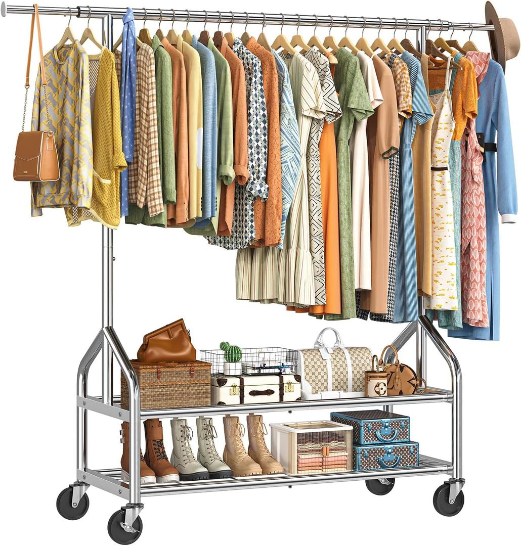Ekisemio Heavy Duty Clothes Rack Load 650 LBS, Rolling Clothing Rack with Shelves, Metal Garment Rack for Bedroom, Laundry Room, Retail Store, Chrome