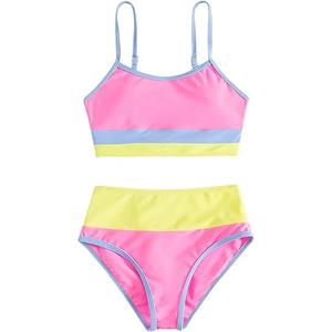 Verdusa Girl's 2 Piece Colorblock High Waisted Bikini Sets Swimsuit Swimwear Bathing Suits,10Y