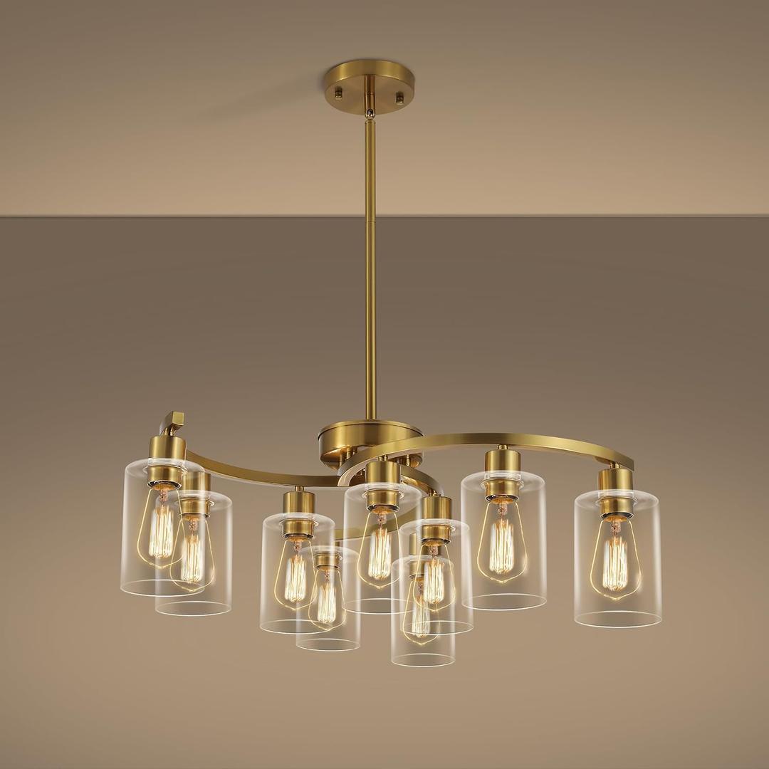CNRATYE 9-Light Gold Glass Chandelier, Adjustable Height Dining Room Light Fixtures Over Table, Contemporary Hanging Chandelier for Kitchen Island Living Room Foyer Office, Clear Glass Shade