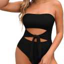 Pink Queen Women Bandeau One Piece Swimsuit Removable Strap Cutout Tie High Waist Bathing Suit Monokini (Medium, Black)