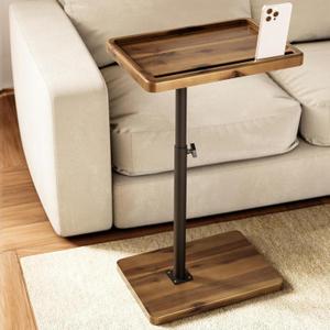 HOLANA Acacia Wood Adjustable C-Shaped Couch Table  360 Swivel Side Table for Sofa - Small End Table for iPad, Laptop, or TV Tray  Eating Trays for Living Room or Bedside Use (Walnut)