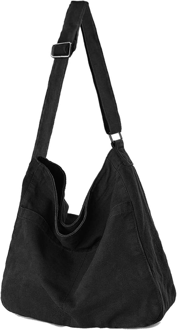 Canvas Crossbody Shoulder Bag Casual Hobo Bag Travel Tote Bag Messenger Bags Cute Large Purse for Women (Black)