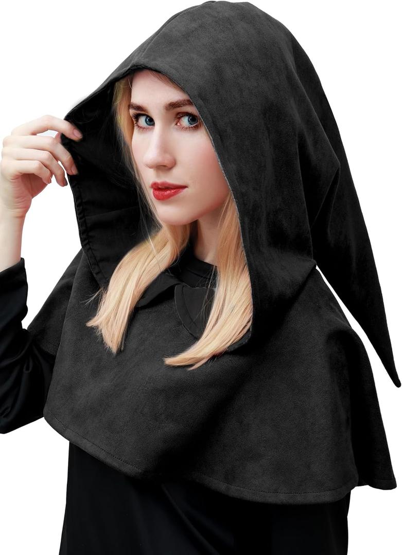 FURPHI Medieval Cowl Hood Renaissance Faux Suede Cape Pagan Cosplay Halloween Costume Accessories (Black)
