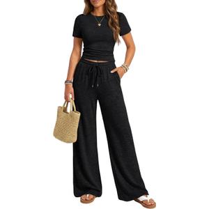 Trendy Queen Womens 2 Piece Lounge Matching Sets Wide Leg Pants Crew Neck Short Sleeve Shirt Sweatsuits, M