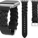 TOYOUTHS Braided Leather Strap Compatible with Apple Watch Band Women 38/40/41/42/44/45/46/49mm Soft Thin Leather Dressy Designer Woven Bracelet for iWatch Series 11 10 9 8 7 6 5 4 Ultra SE 3 2 1 (Black/Silver)