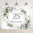 Greenery Happy 25th Anniversary Backdrop Green Leaves 25th Birthday Party Celebrating 25 Years of Marriage Background 25 Wedding Anniversary Photography Props Banner with Copper Grommets