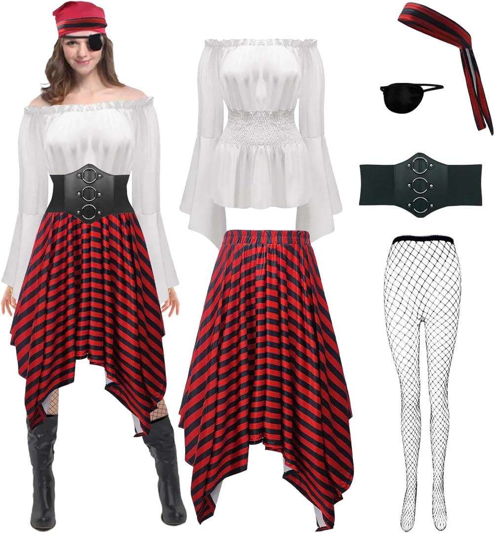 6Pcs Womens Pirate Costume Cosplay Renaissance Blouse Tops Corset Waist Belt Pirate Skirt Cosplay Outfit (Large)