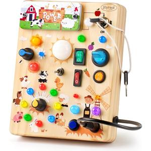 Joyreal Wooden Busy Board with LED Light, Montessori Toddler Toys, Wooden Sensory Board, Toddlers Activity Travel Toys for Boy & Girl Birthday Gift (Farm Theme)