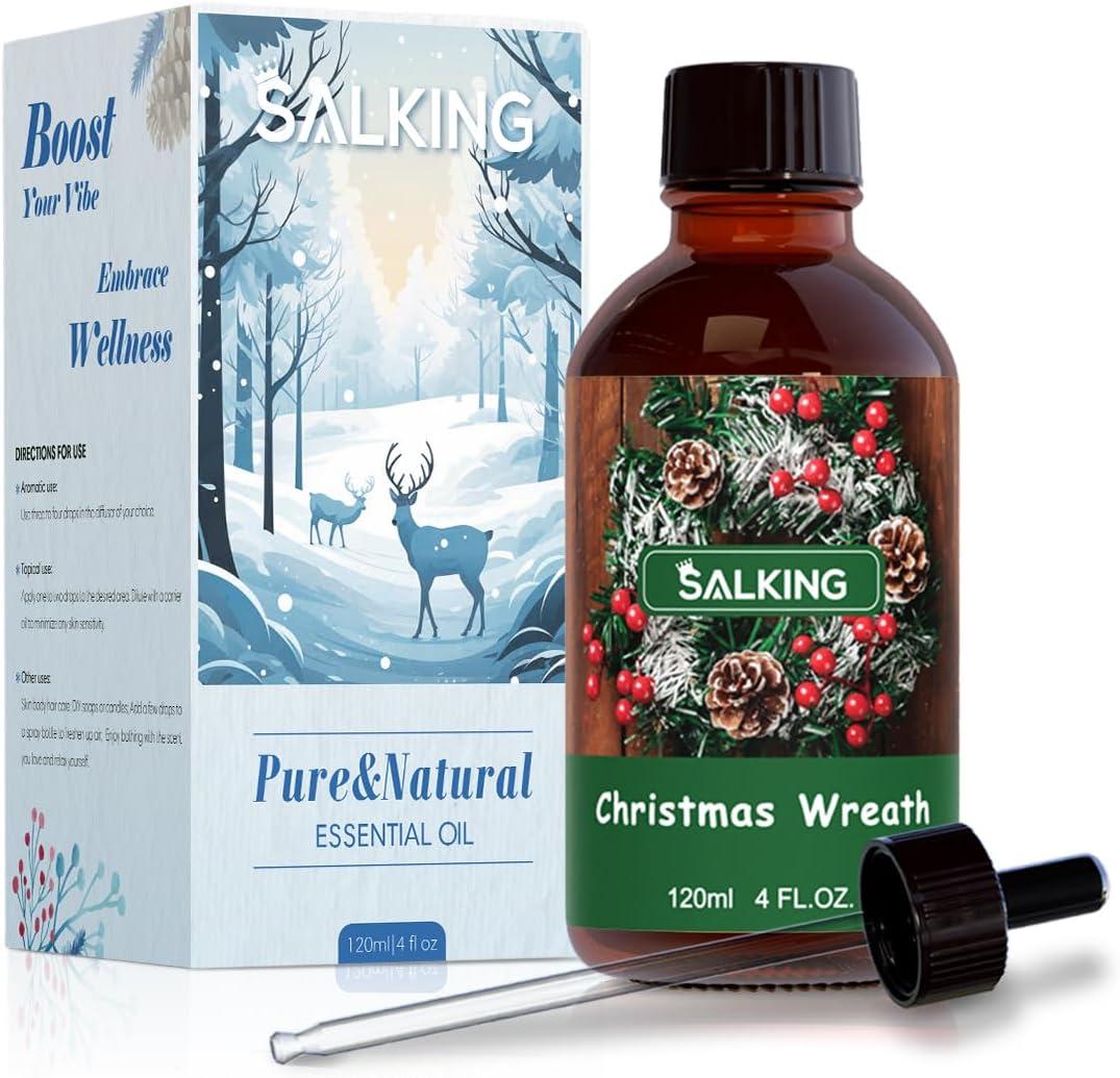 SALKING Christmas Wreath Fragrance Oil, 120ml (4 Fl Oz) Premium Essential Oils for Diffuser, Candle Scents for Candle Making, Soap Making Supplies, Diffuser Oil Scents, Holiday Gifts