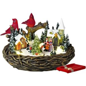 Lightahead Musical Christmas Cardinal Nest Village Carol Singing Scene Figurine with Turning Tree, Light and 8 Melodies