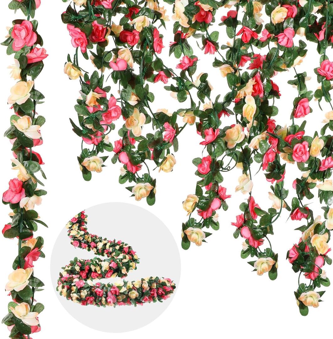 12 Pcs 100 ft Flower Garland Artificial Rose Vine with Green Leaves Hanging Artificial Flower Vines Ivy Garlands Wall Garden Decor for Room Wedding Birthday Arch Decor(Champagne)