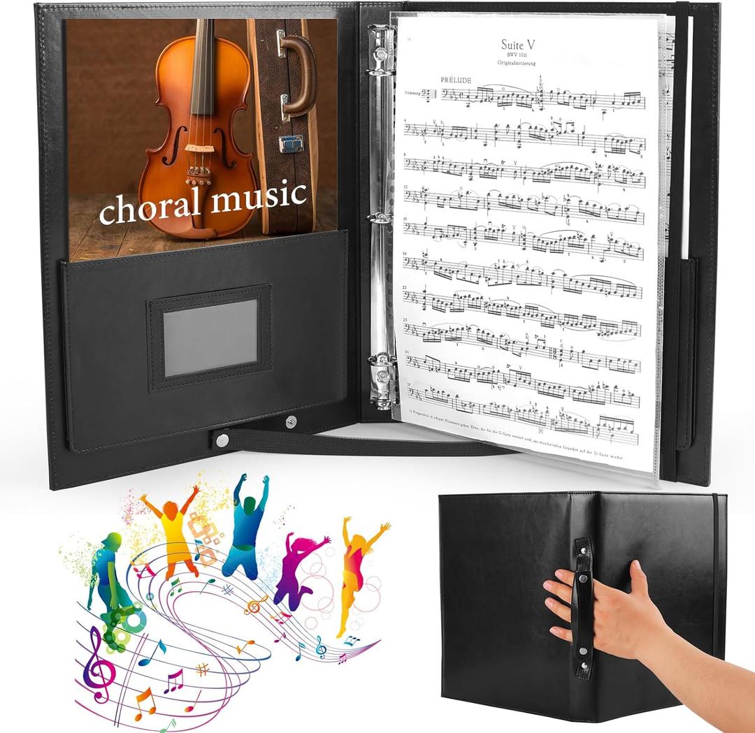 Choral Music Holder, Leather Sheet Music Folder Black, 3 Ring Binder with Handle and Strap for Choir Singer, Stage Performance, Fits Letter Size 8.5 x 11 inch