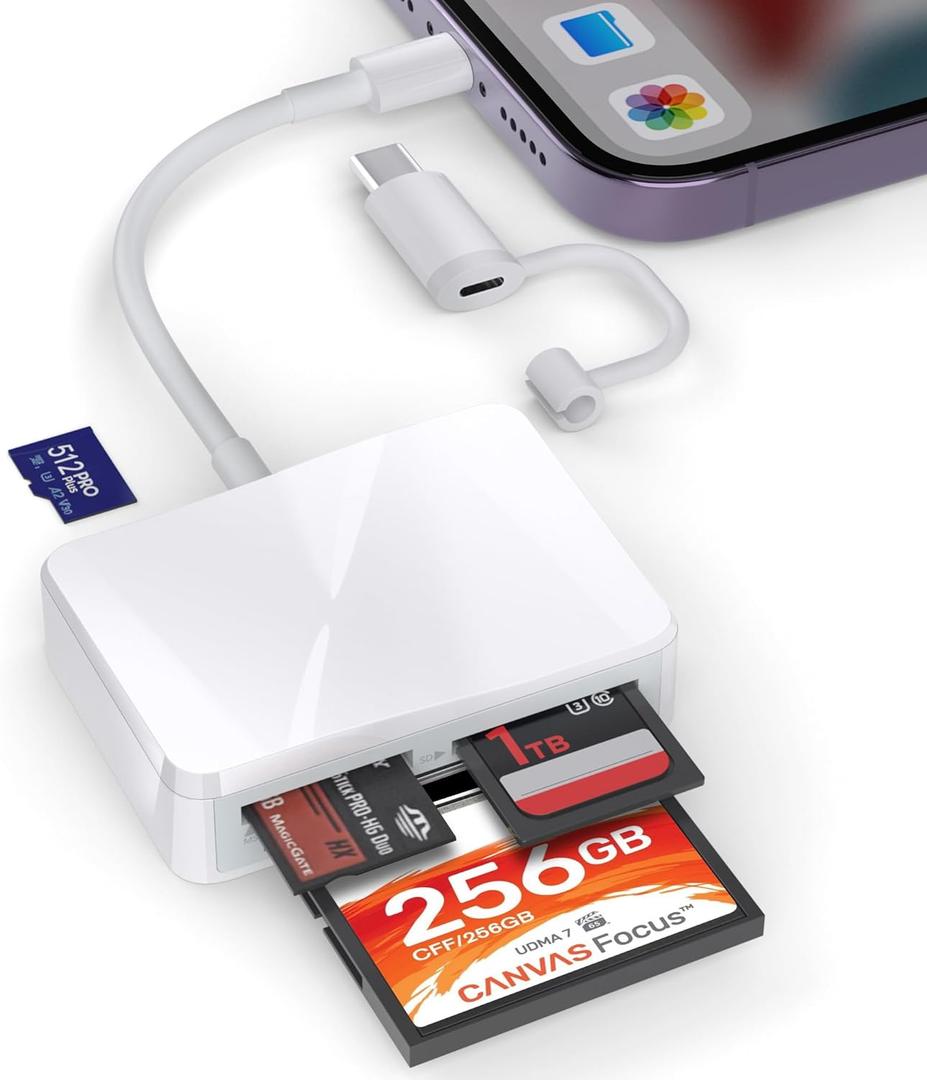 SD Card Reader for iPhone, 4 in 1 USB C and Lightning to CF/SD/MS/TF Card Adapter Memory Card Reader for Camera Adapter Trail Game Camera Viewer for iPad Macbook Plug and Play No App Required (White/Gray)