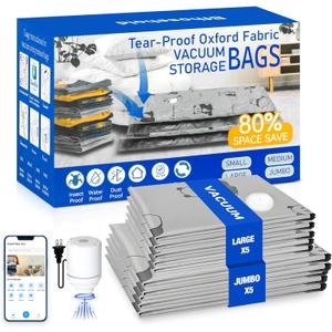 5 Jumbo + 5 Large Tear-Proof Vacuum Storage Bags with Pump, Oxford Fabric Reusable Space Saver Vacuum Storage Bags for Travel, Clothing, Luggage, Packing, Blankets, Quilt (Grey)