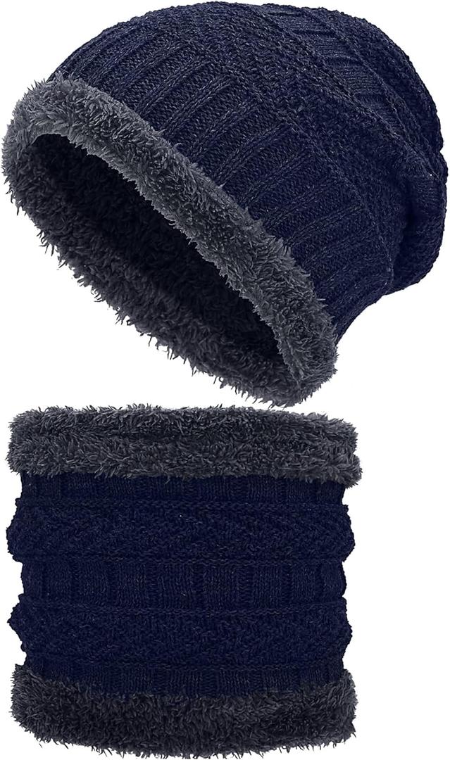 2 Pcs Winter Hat Mens Beanie Knit Neck Warmer Fleece Lined Beanie Warm Neck Gaiter Face Warmer Skull Cap for Men (Blue)