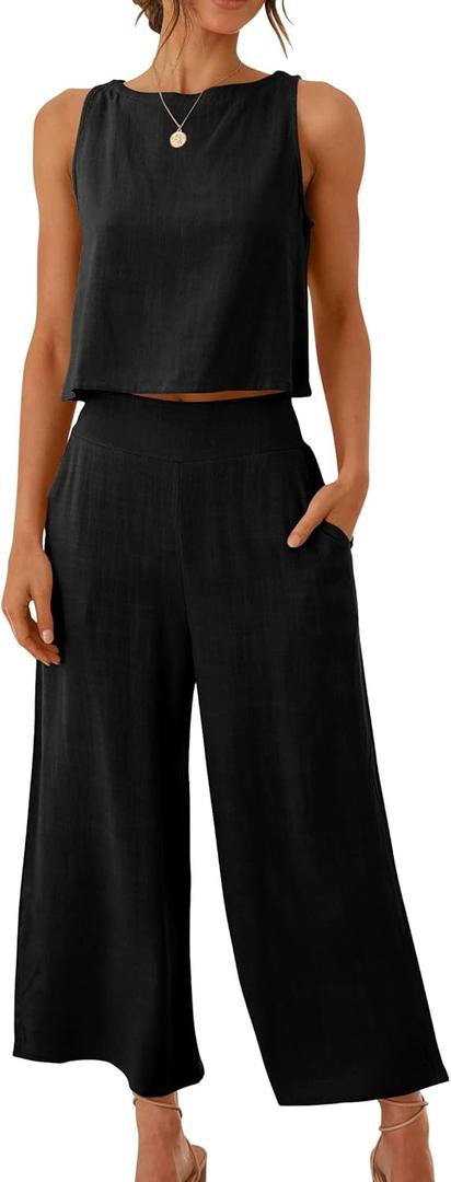 ANRABESS Women's Summer 2 Piece Outfits Sleeveless Crop Top Capri Wide Leg Pants Jumpsuit Linen Lounge Beach Travel Sets (Medium, Black)