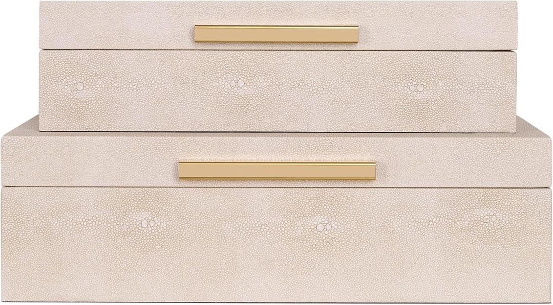 Faux Leather Stackable Nesting Jewelry Box with Lids Organizer  Set of 2 Beige Shagreen Decorative Storage Boxes with Gold Metal Handles (Ivory-1)