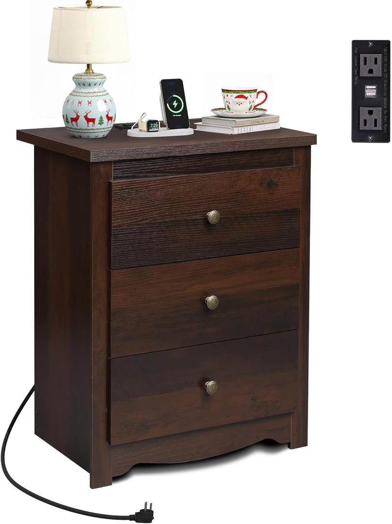 WLIVE Tall Nightstand with Charging Station, Wood Nightstand with 3 Drawers, Bedside Tables Bedroom, Dorm, End Table with 2 USB Ports and 2 AC Outlets, Bedside Table, Espresso | with 3 Drawers, Bedroom, Dorm, with 2 USB Ports, 2 AC Outlets
