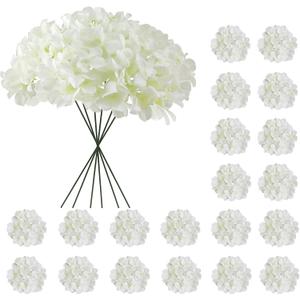 20 Pcs White Hydrangea Artificial Flowers Bulk, Faux Hydrangea Flowers Heads, Artificial Fake Silk Hydrangea Flowers with Stems, White Flowers Artificial for Decoration Wedding Dcor