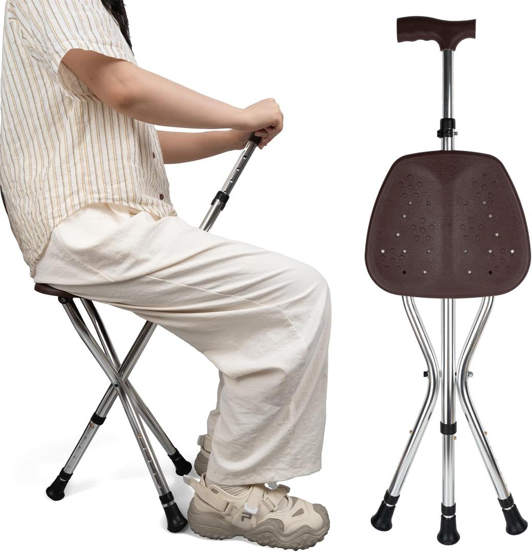 Cane with Seat Folding Lightweight,Walking Stick Height Adjustment,Cane Chair for Seniors Balance Supports Up to 330 Pounds,Anti-Slip Walking Stick for Elderly Men, Disabled, Bronze