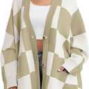 Saodimallsu Womens Checkered Sweater Color Block Plaid Oversized Cardigan Long Sleeve V Neck Button Down Knit Coats (Large, Khaki)