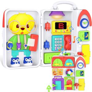 Toddler Toys for 1-2 Year Old Boy, Musical Montessori Busy Board, Early Educational Toy for Toddlers 1-3, Motor Skills Developmental Toy for 12-18 Month Age, Birthday Gift for 1+ Year Old Boy Girl, 3 Sides