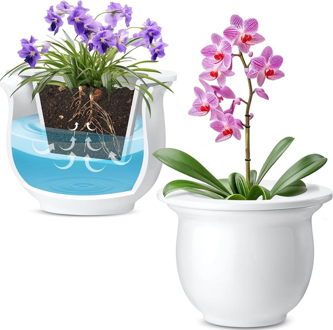 Suclain 2 Pack Ceramic African Violet Pots Self Watering Plant Pot Effortless Self Watering Plant Flower for Busy Lovers, Indoor(White,6.5 Inch)