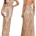 Women's V Neck Spaghetti Straps Sequin Sparkly Glitter Irregular Hem Prom Dress Backless Maxi Evening Gowns, Size S