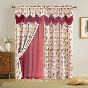 July Joy Jacquard Window Floral Curtain Panel Drape with Attached Fancy Valance and Taffeta Backing. 2pcs Set. 54 x 84 Inches with 18" Valance （Burgundy）